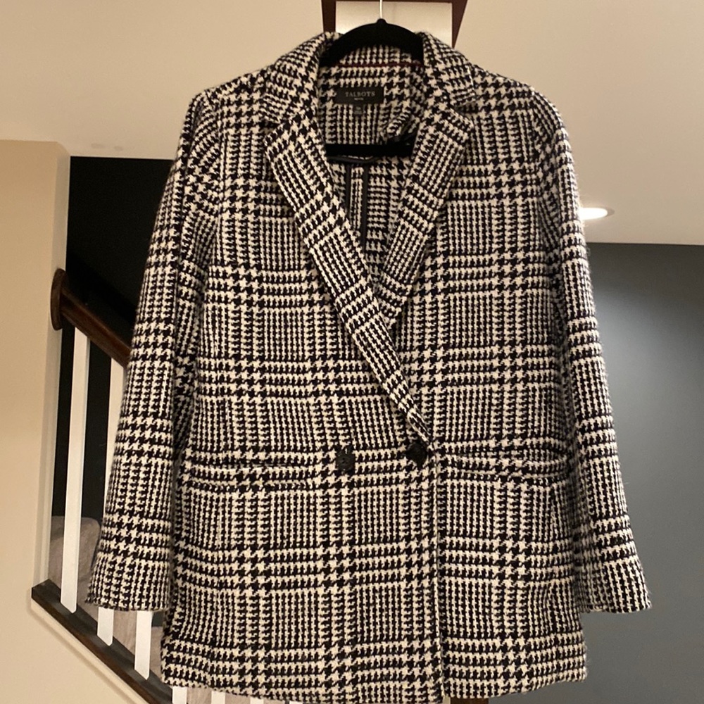 Black/white checker wool blend coat. 
Menswear vibe